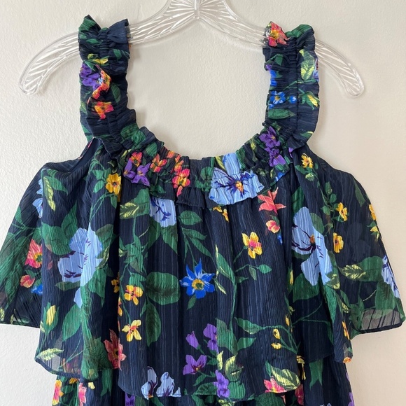 Club Monaco Oversized Silk‎ Lined Tiered Floral Stretch Navy Dress, Size 4 or 6 - Picture 4 of 15